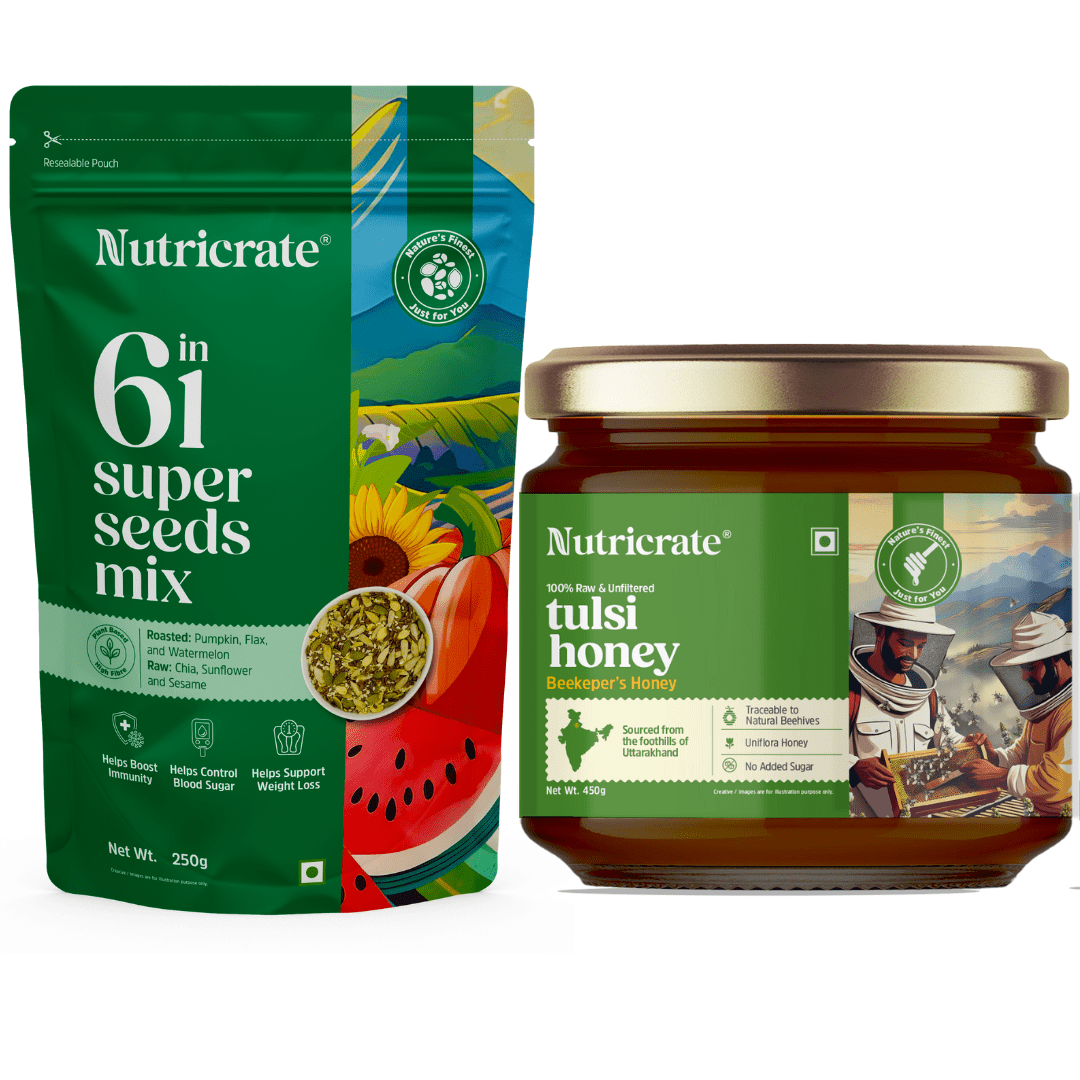 Nutricrate:Vitality Boost Pack – 6‑in‑1 Seeds (250 g) + Tulsi Honey (450 g)