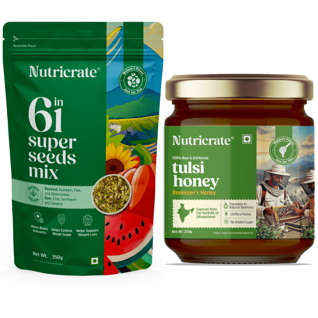Nutricrate:Heart‑Healthy Combo – 6‑in‑1 Seed Mix (350 g) with Tulsi Honey (250 g)