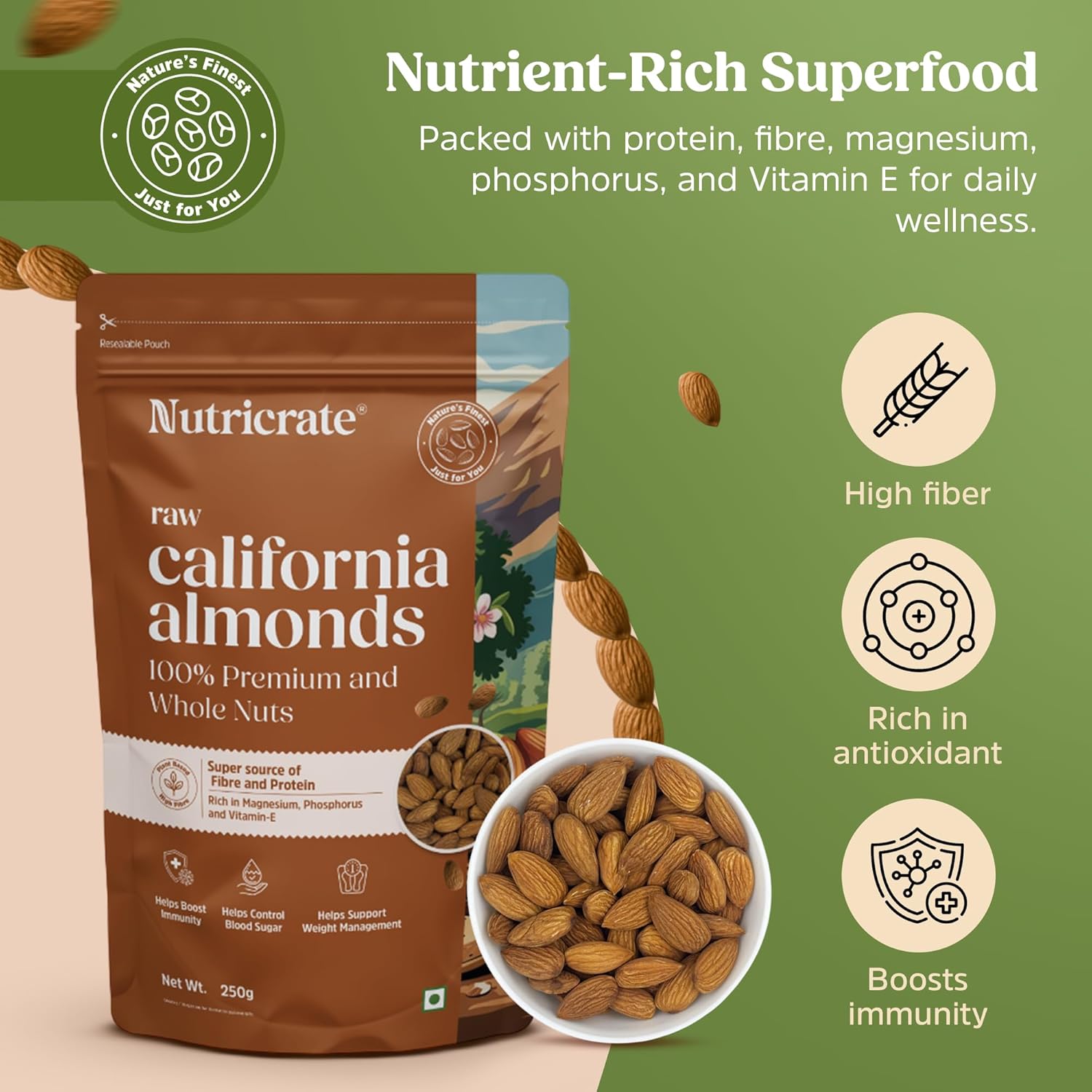 Raw California Almonds 250g with Small Bee Honey 450g