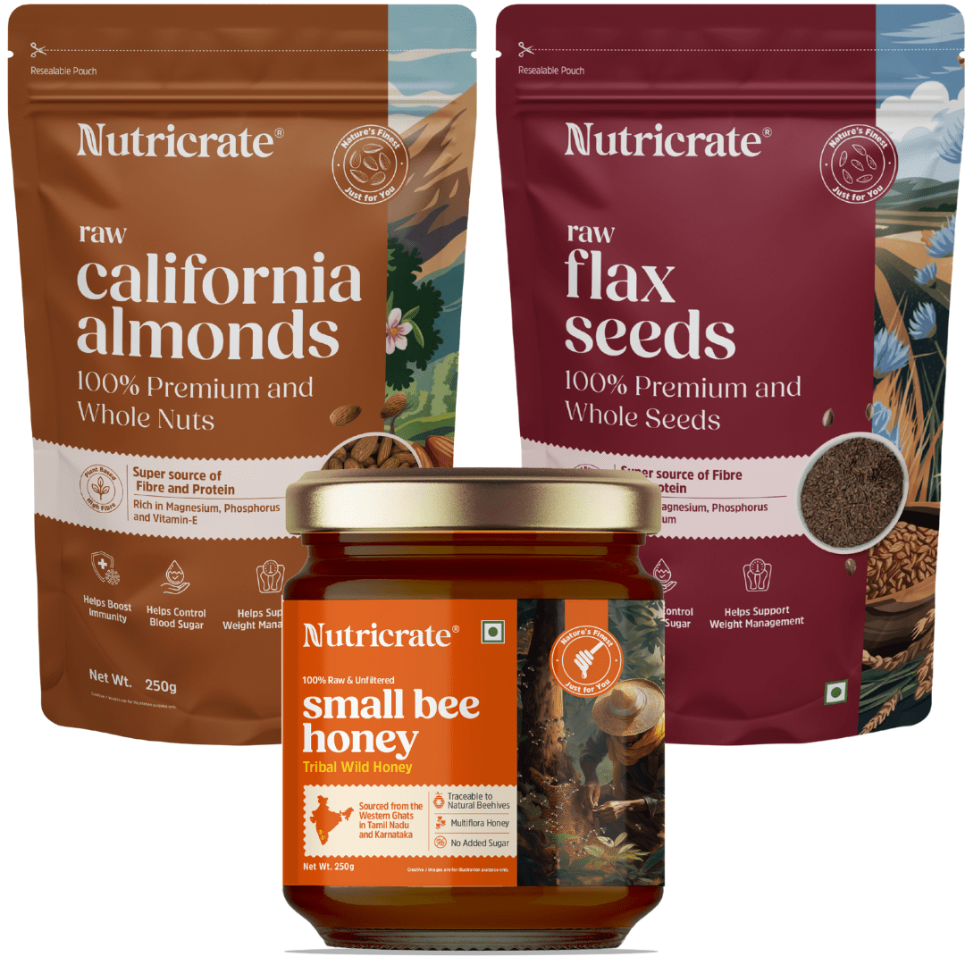 Nutricrate:Smart Protein Trio – Almonds, Flax & Smallbee Honey (250 g)