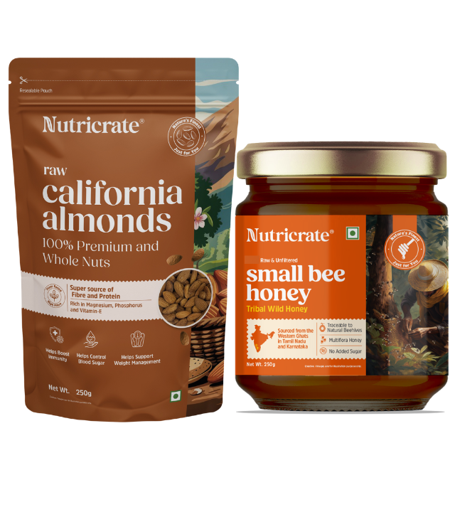 Raw California Almonds with Small Bee Honey 250g each.