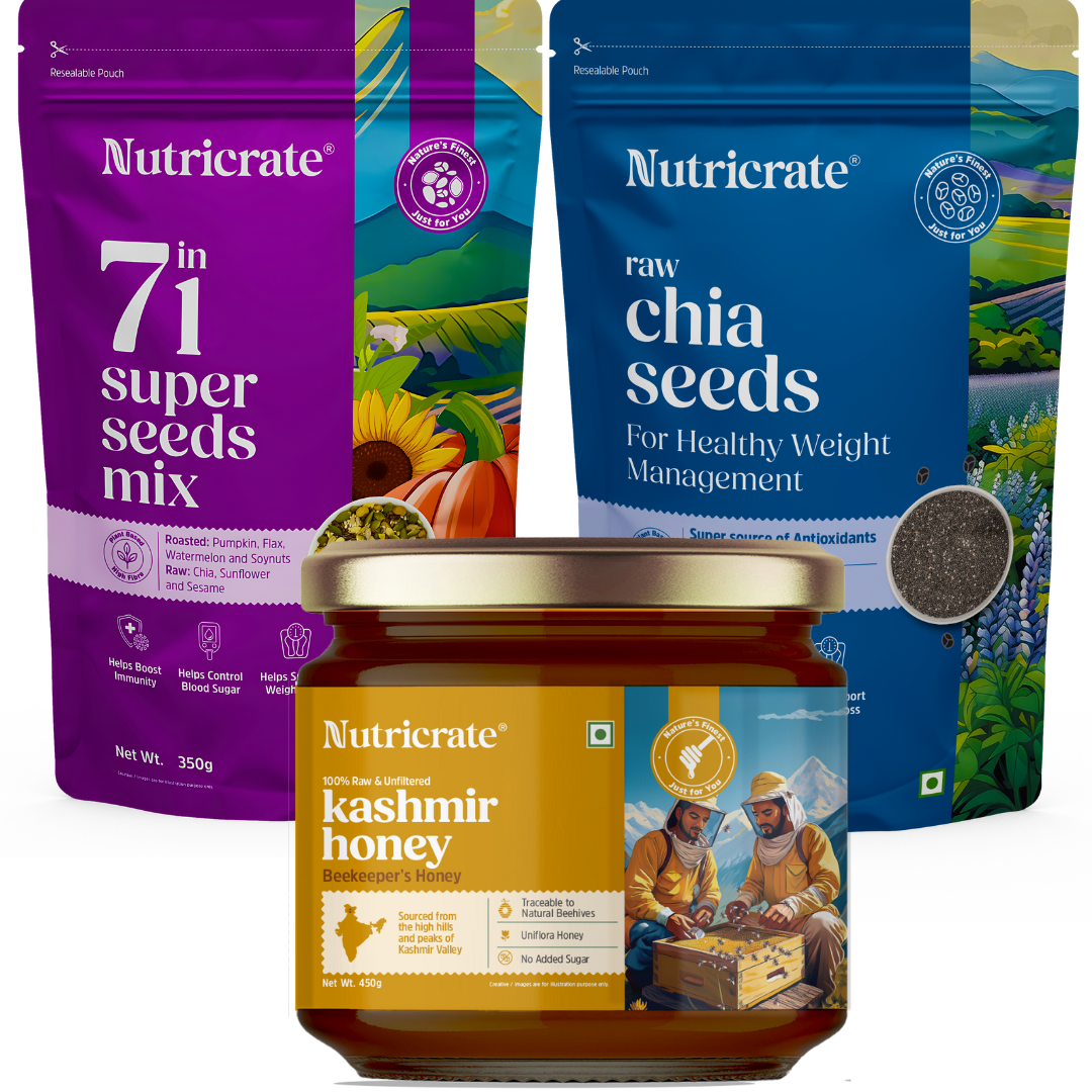 Nutricrate:Antioxidant Wellness Trio – Chia, 7‑in‑1 Seeds 350gm & Kashmir Honey 450gm