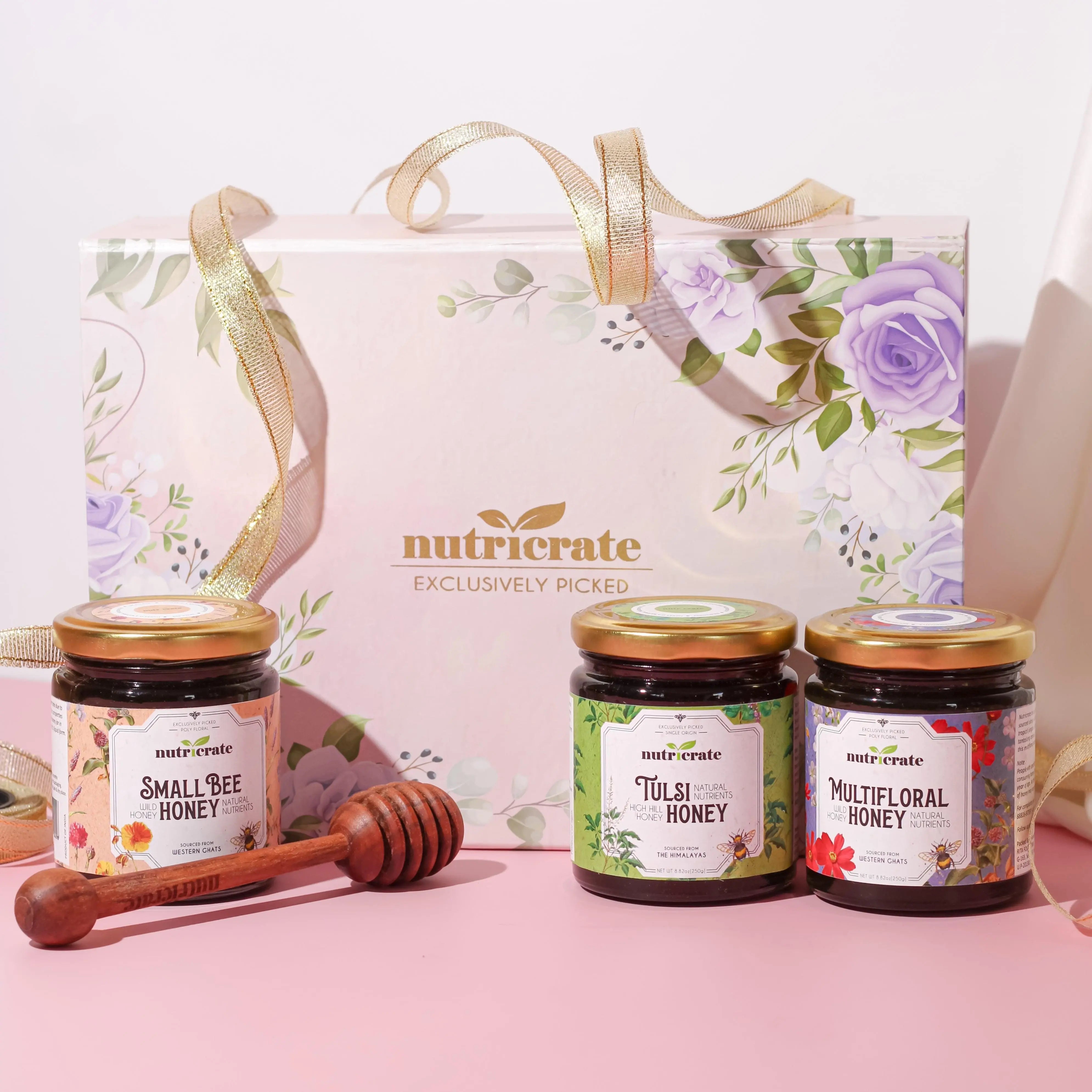 Nutricrate Honey Gift Set Combo (Multifloral, Tulsi & Acacia) 250gm each with Honey Dipper.