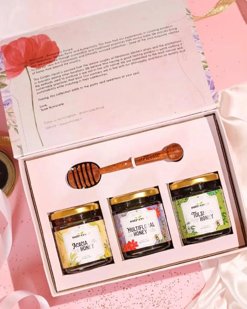 Nutricrate Honey Gift Set Combo (Multifloral, Tulsi & Acacia) 250gm each with Honey Dipper.
