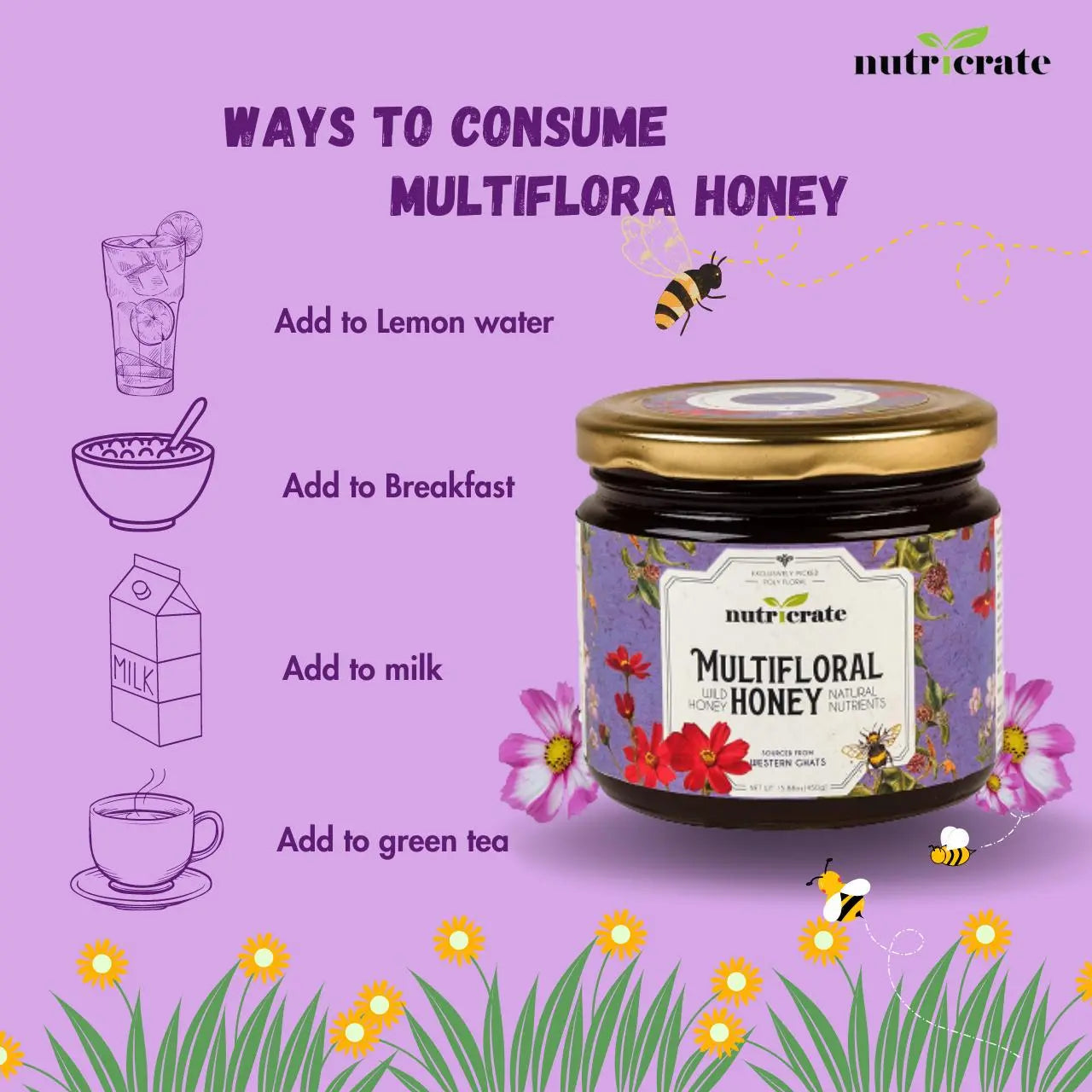 Nutricrate MultiFlora Honey 100% Organic - 450gm Pack of 2