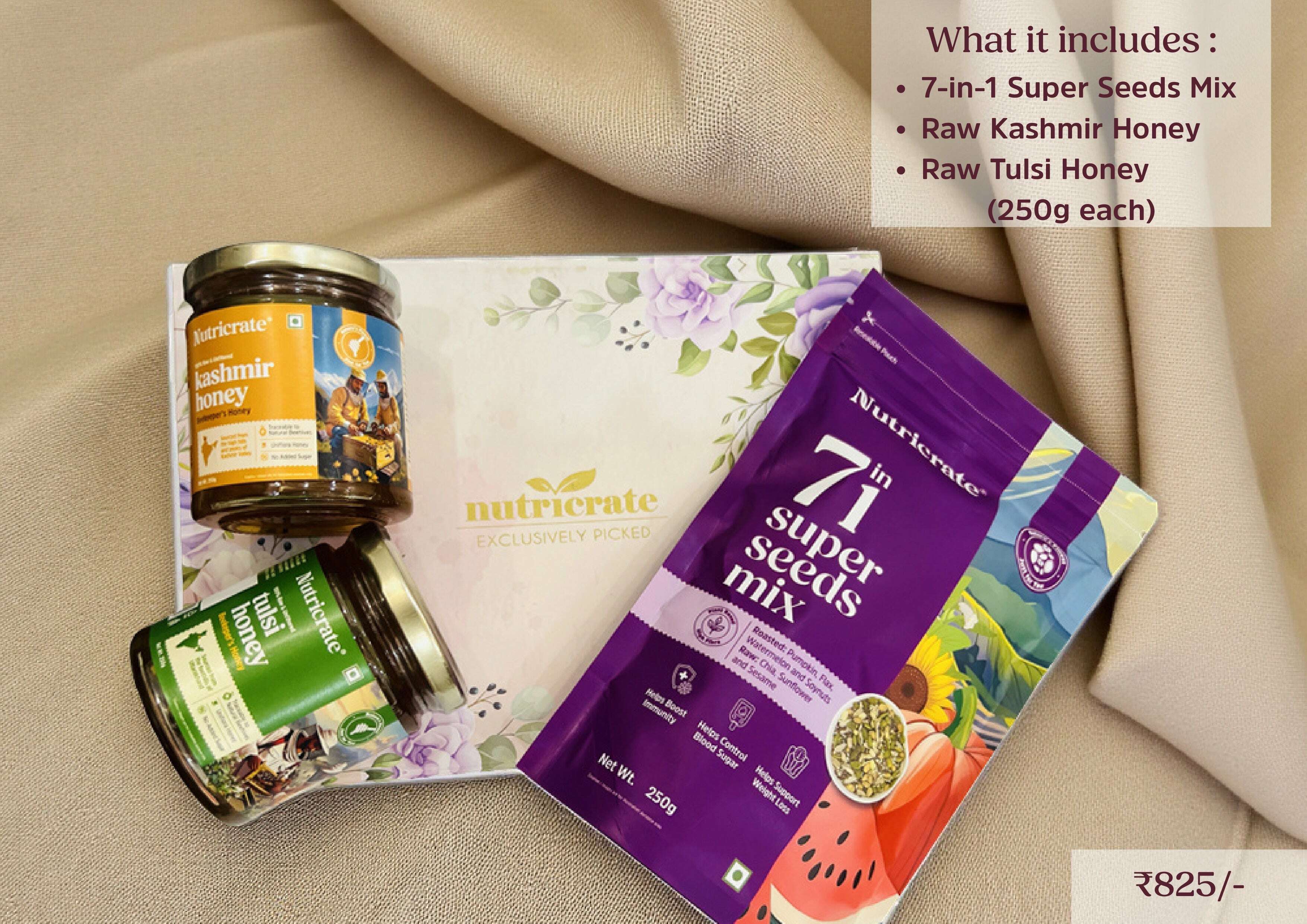Nutricrate: Gift Set Combo - Honey, Dry fruit, Seeds and Mix,Raw Kashmir Honey, Raw Tulsi Honey and 7 in 1 seeds mix (each 250gm )