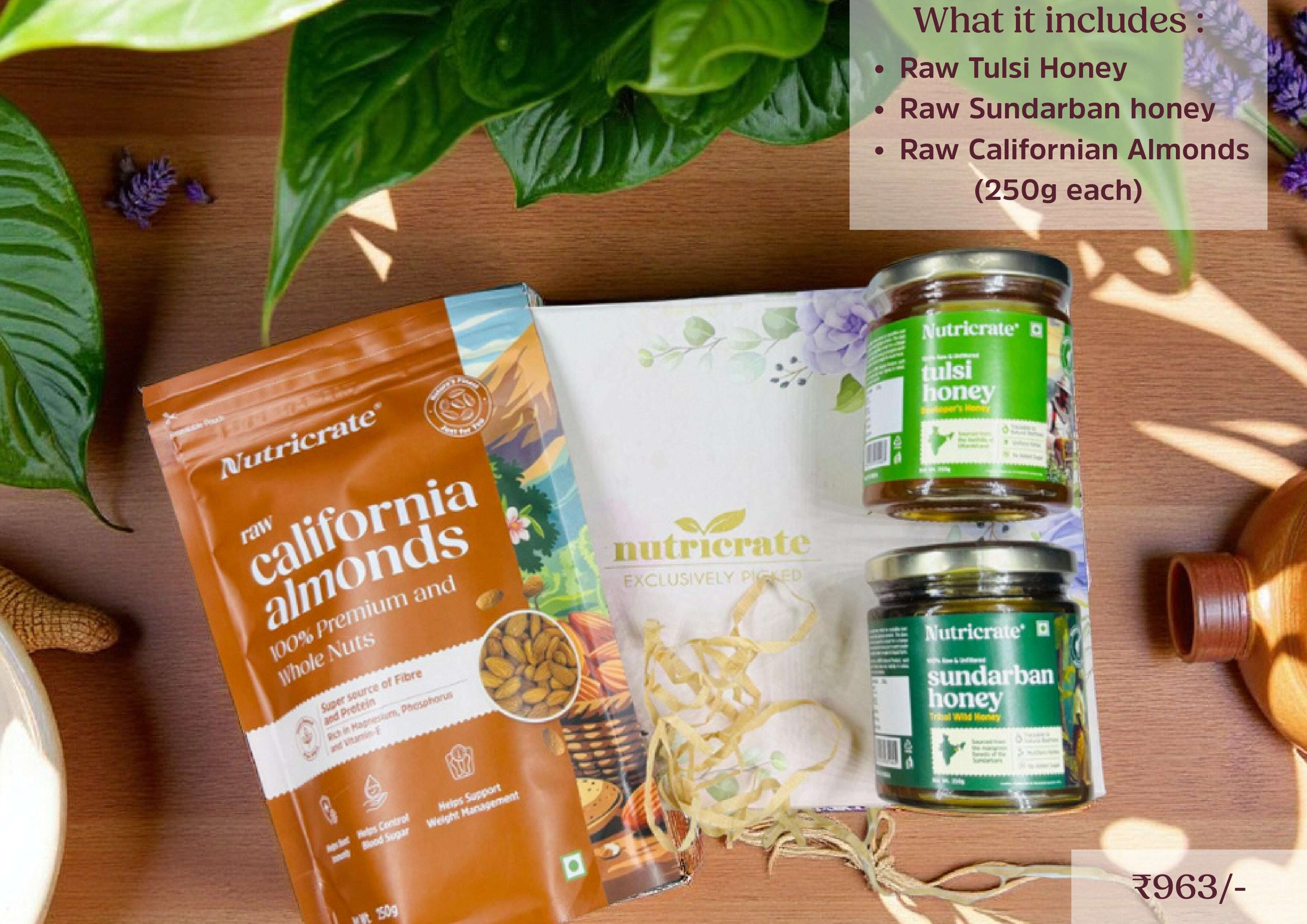Nutricrate: Gift Set Combo - Honey, Dry fruit, Seeds and Mix,Raw Tulsi Honey, Raw Sundarban Honey and California Almonds (each 250gm )
