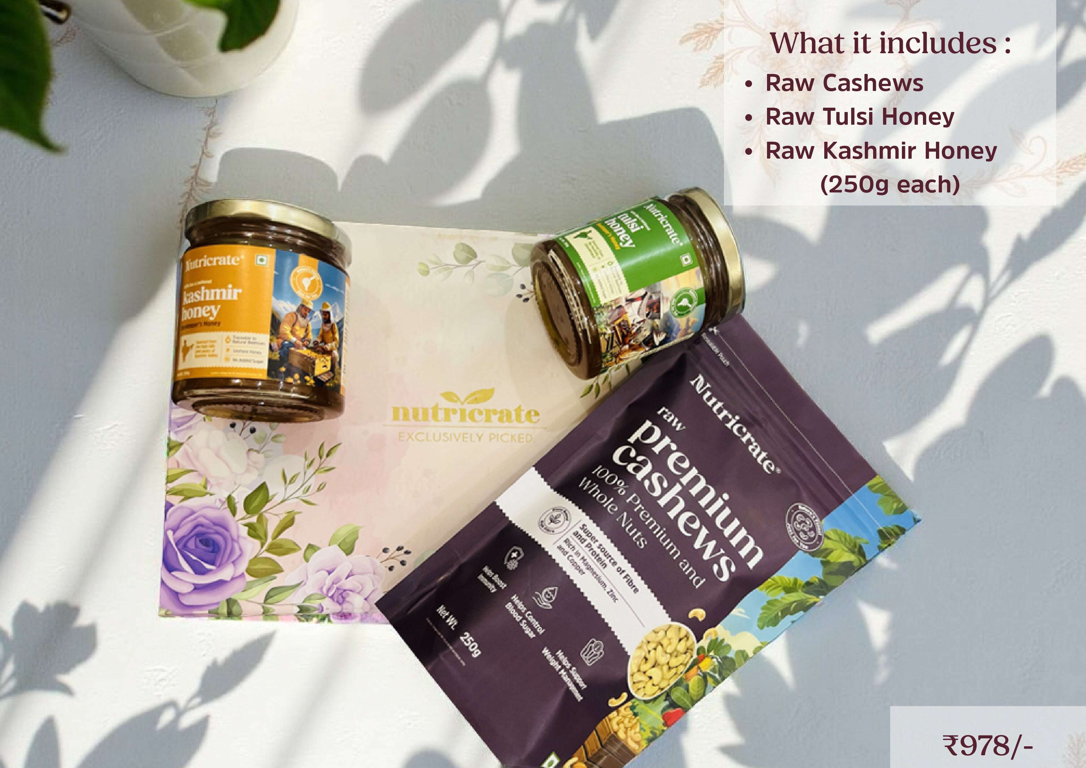 Nutricrate: Gift Set Combo - Honey, Dry fruit, Seeds and Mix,Raw Kashmir Honey, Raw Tulsi Honey and Raw Premium Cashews (each 250gm)
