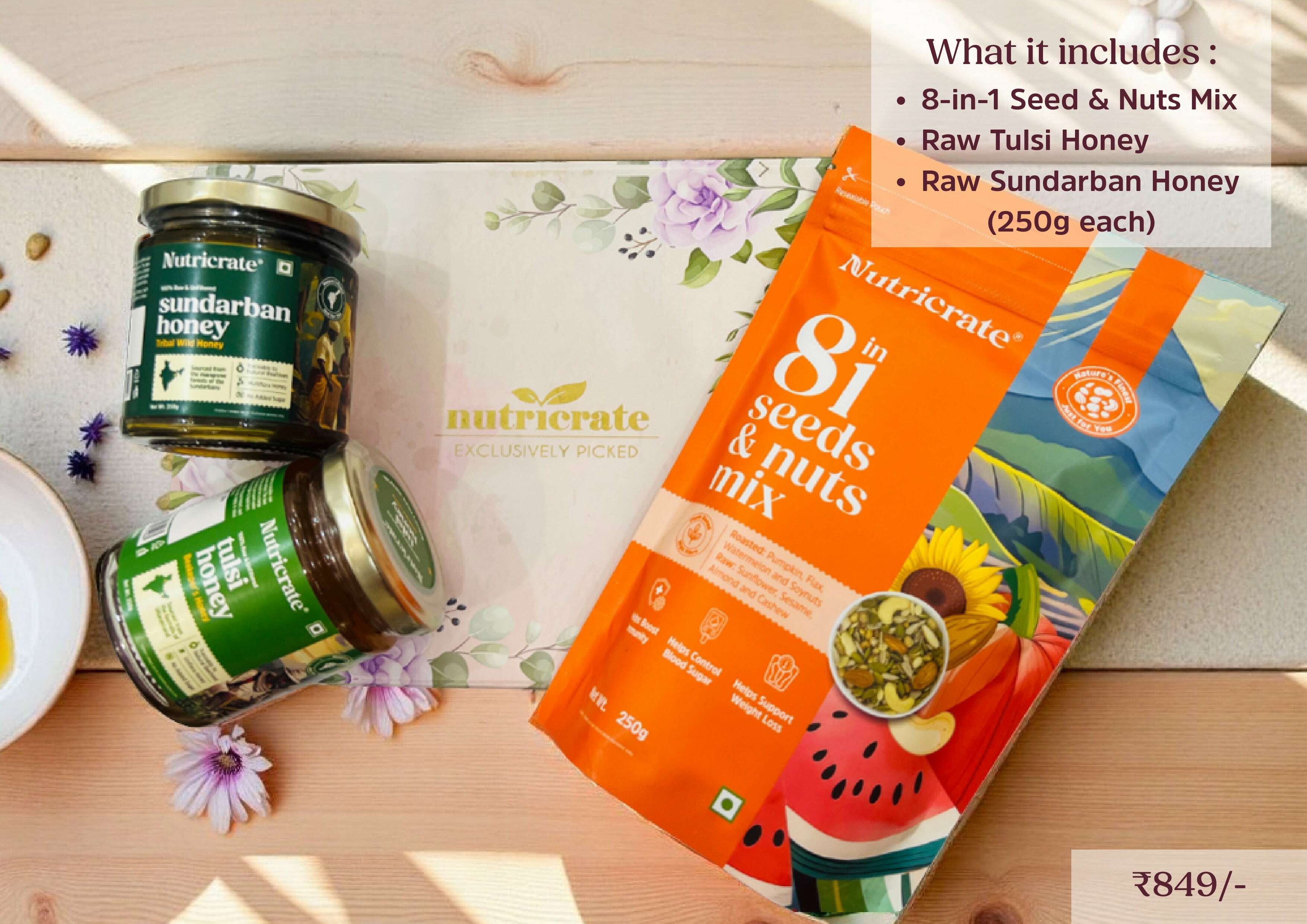 Nutricrate: Gift Set Combo - Honey, Dry fruit, Seeds and Mix,Raw Sundarban Honey, Raw Tulsi Honey and 8 in1 seeds & nuts mix (each 250gm)