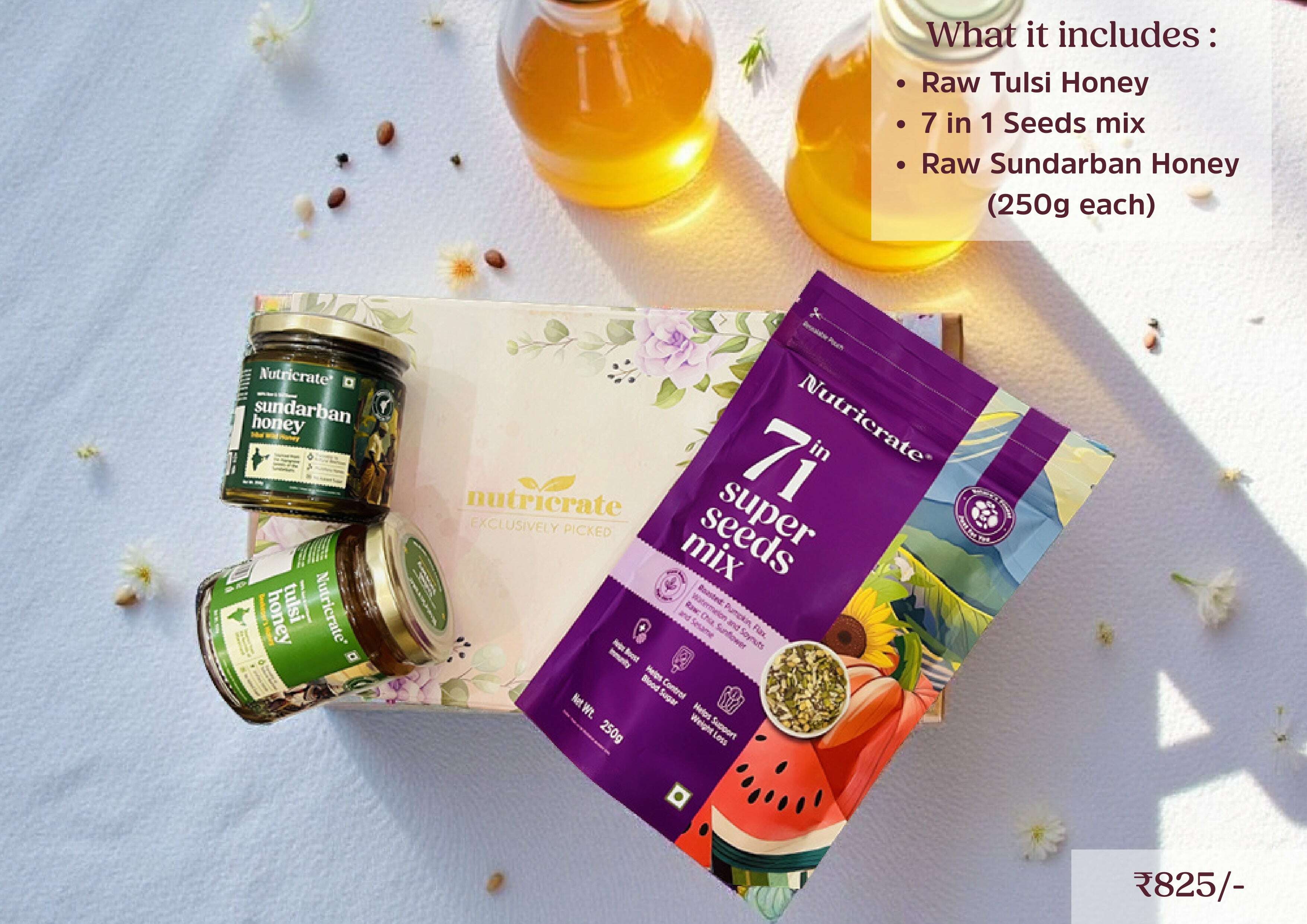 Nutricrate: Gift Set Combo - Honey, Dry fruit, Seeds and Mix,Raw Tulsi Honey, Raw sundarban Honey and 7 in 1 seeds mix (each 250gm)