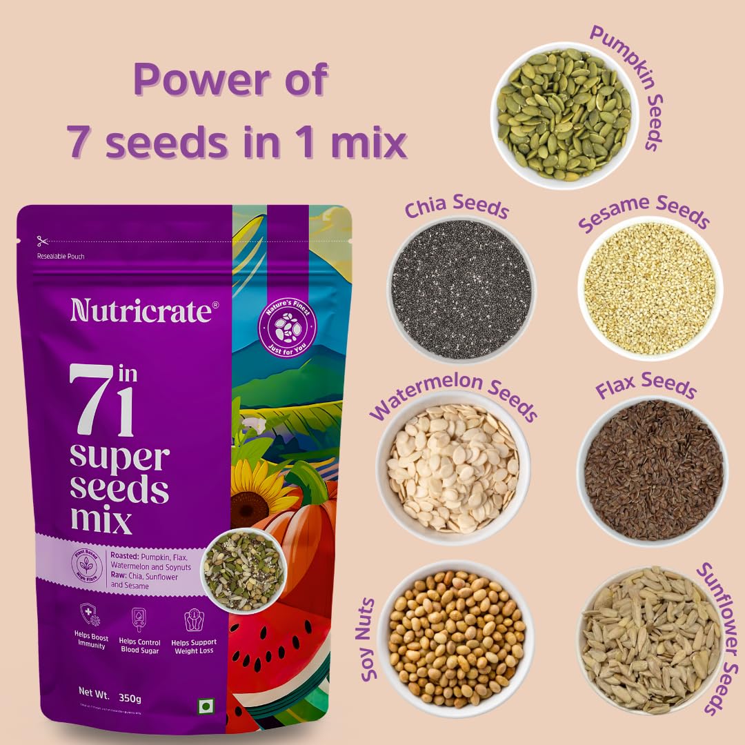 7-in-1 350g & 8-in-1 Seed Mix 250g with  Raw California Almonds 250g & Roasted Pumpkin Seeds 250g.