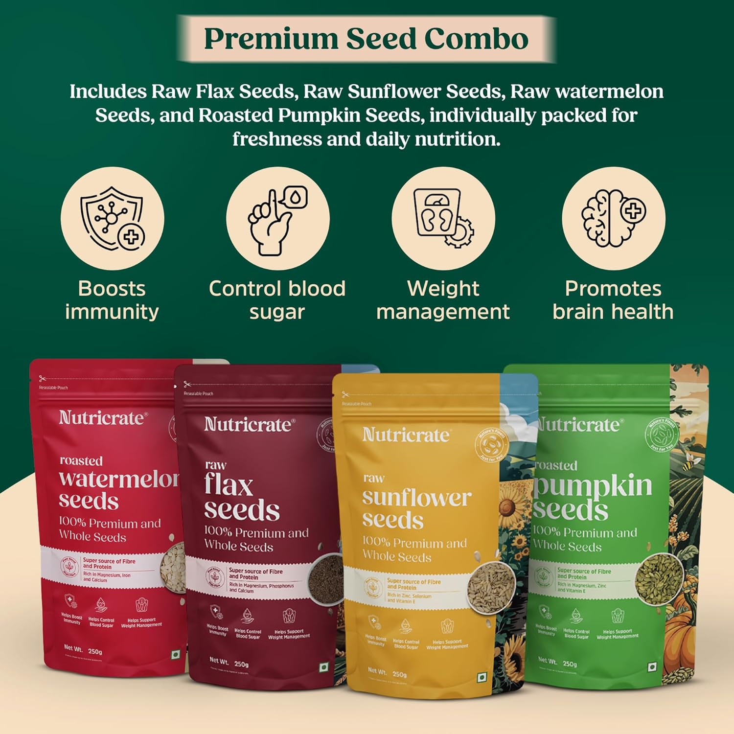 Raw Pumpkin, Raw Watermelon, Raw Sunflower & Raw Flax Seeds 250g each Combo.