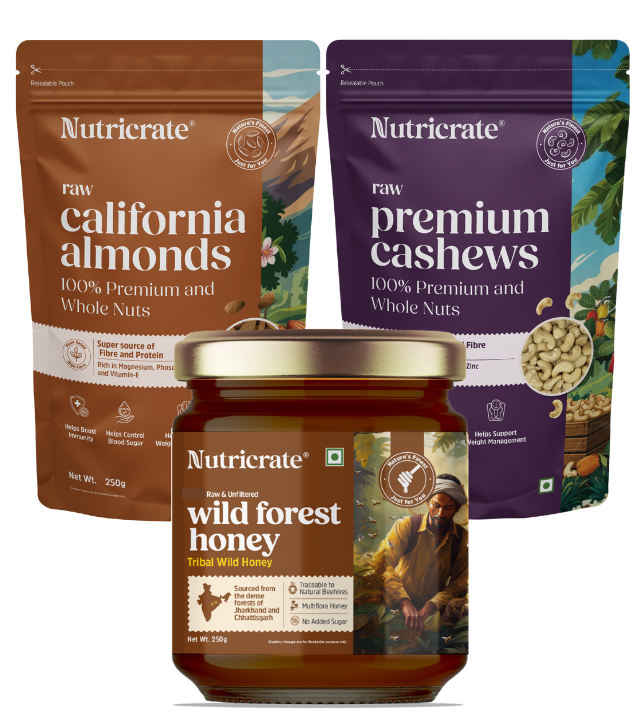 Raw California Almonds & Raw premium Cashews with Wild Forest Honey (250g each).