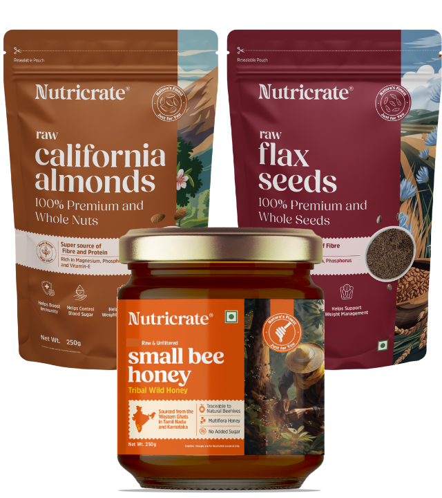 Raw california Almonds, Raw Flax Seeds with Small Bee Honey (250g each).