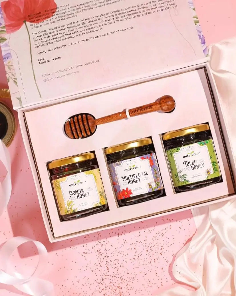 Nutricrate Honey Gift Set Combo (Multifloral, Tulsi & Acacia) 250gm each with Honey Dipper. 