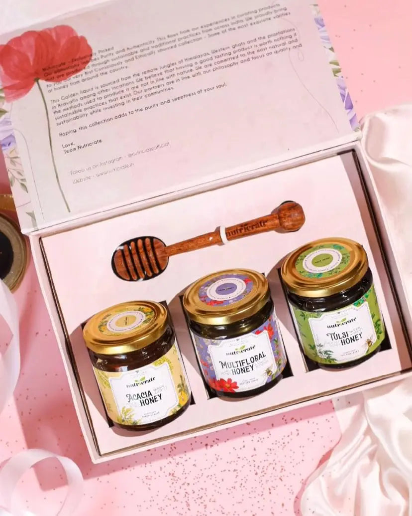Nutricrate Honey Gift Set Combo (Multifloral, Tulsi & Acacia) 250gm each with Honey Dipper. 