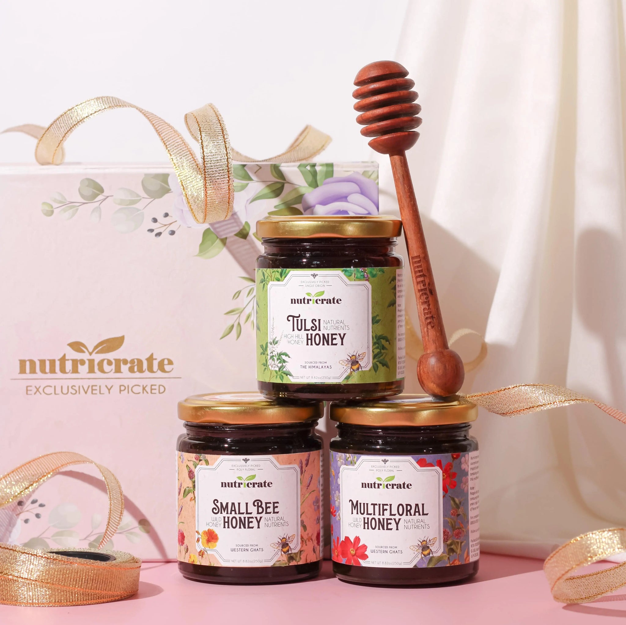 Nutricrate Honey Gift Set Combo (Multifloral, Tulsi & Acacia) 250gm each with Honey Dipper. 