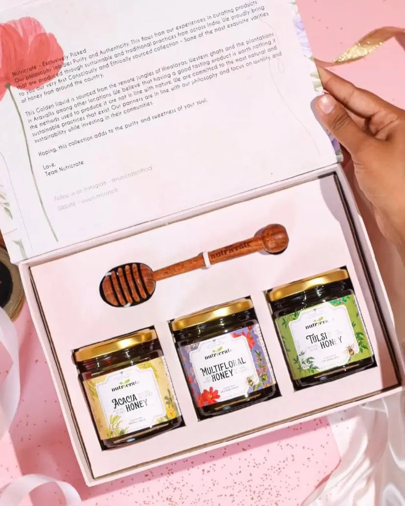 Nutricrate Honey Gift Set Combo (Multifloral, Tulsi & Acacia) 250gm each with Honey Dipper. 