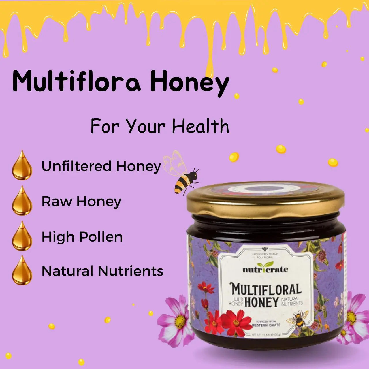 Nutricrate MultiFlora Honey 100% Organic - 450gm Pack of 2 