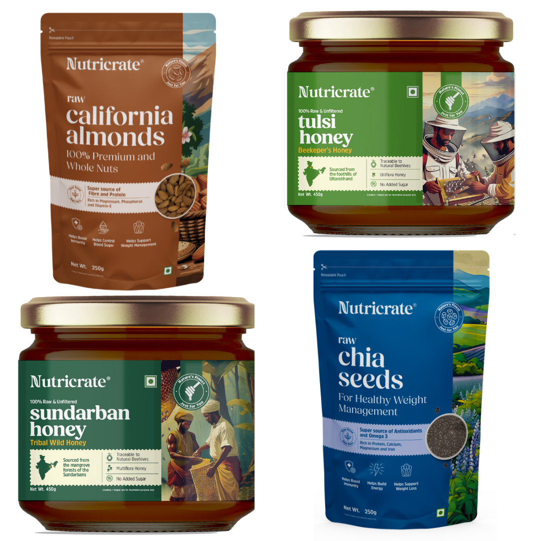 Dual Honey Superfood Quad – Sundarban & Tulsi Honey with Chia & Almonds