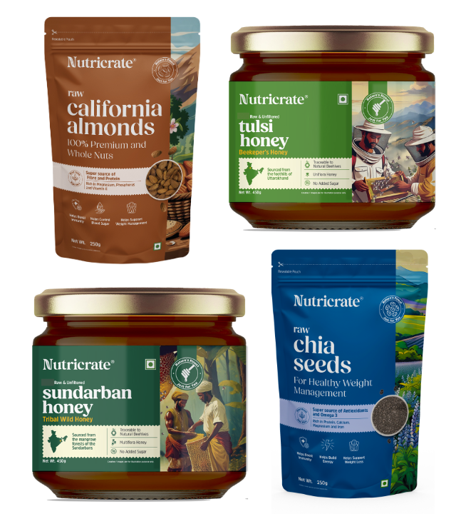 Raw Chia Seeds 250g & Raw California Almonds 250g with Sundarban Honey 450g & Tulsi Honey 450g